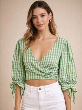 Cinq à Sept Green Gingham Crop Top Size M Puff Sleeve Wrap Blouse Cottagecore